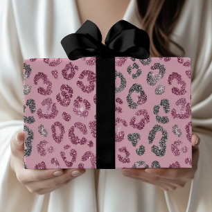Papier Cadeau Léopard Pailleté Rose Élégant sur Fond Or Rose