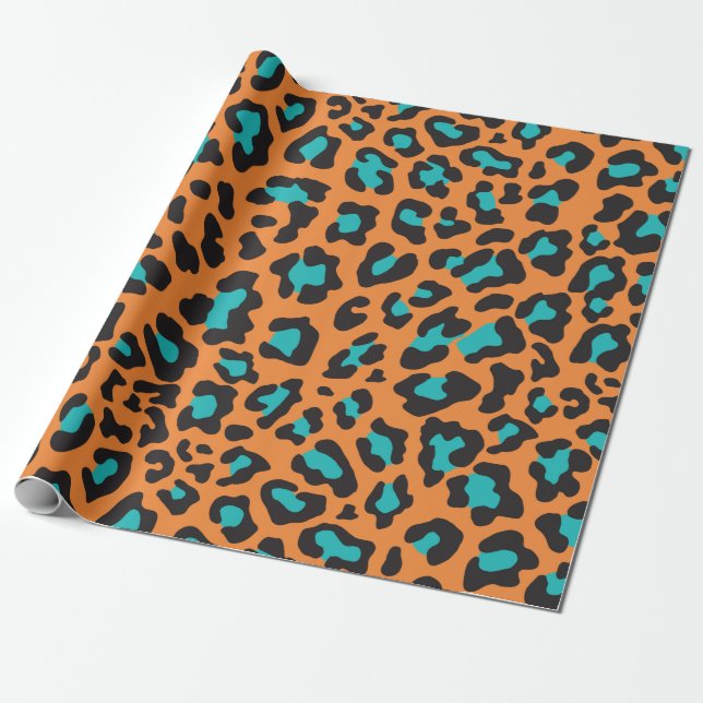 Papier Cadeau Leopard Print Orange, Black, Aqua (Déroulé)