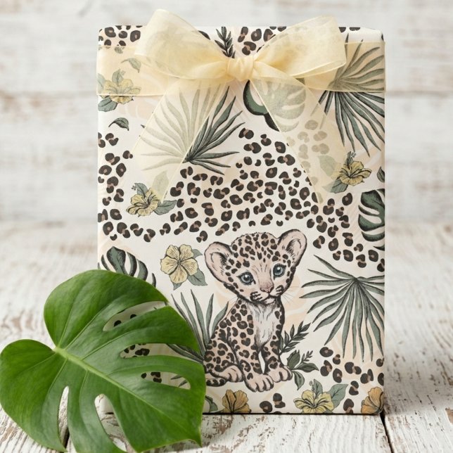 Papier Cadeau Leopard Safari Kids Floral Jungle Pattern (Cute Baby Leopard Cub Animal Print Yellow Gender Neutral Wrapping Paper. Kids Jungle Safari Birthday)