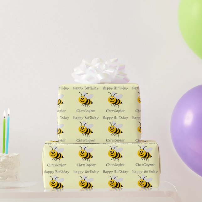Papier Cadeau Les Abeilles Ajoutent Simplement Nom Anniversaire (Cadeaux de fête)