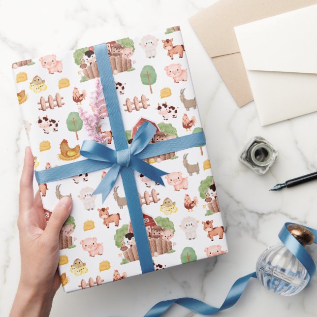 Papier Cadeau Les animaux de ferme mignons en blanc (Cadeaux)