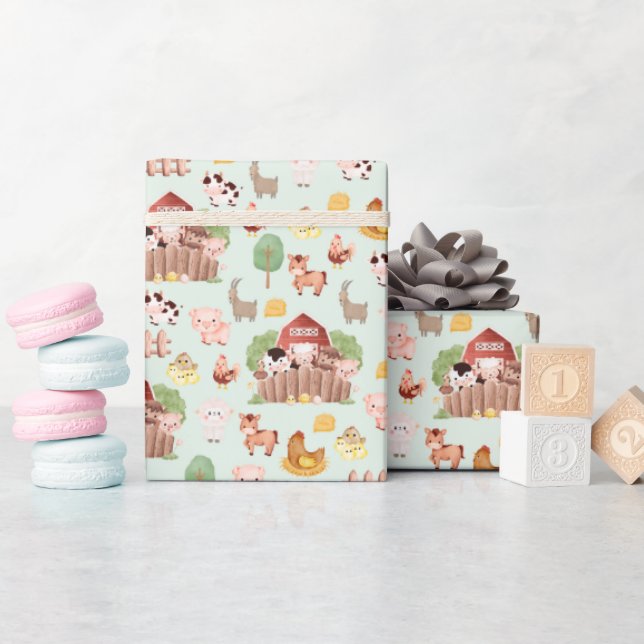 Papier Cadeau Les animaux de ferme mignons sur vert pâle (Baby Shower)