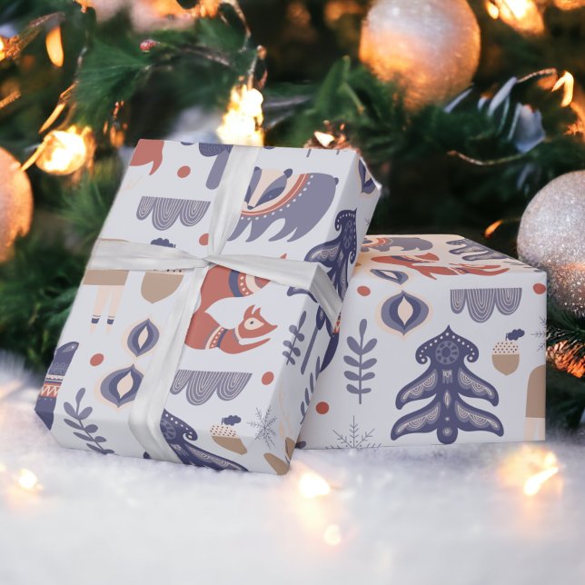 Papier Cadeau Les animaux des bois scandinaves Noël (Scandinavian Woodland Animals Christmas Wrapping Paper from Ricaso)