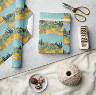 Papier Cadeau Les cabanes en bois de Van Gogh, paysage jaune, Ar