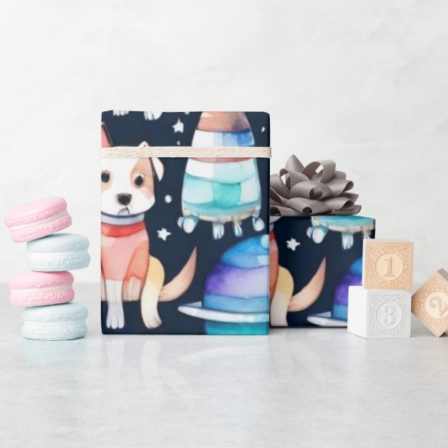 Papier Cadeau Les chiens de l'espace planètes galaxie univers (Baby Shower)
