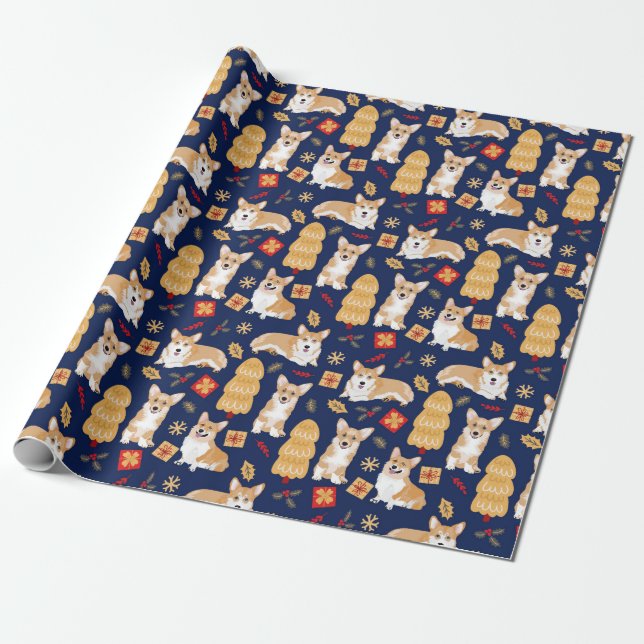 Papier Cadeau Les Corgis fêtent Noël - motif bleu (Déroulé)