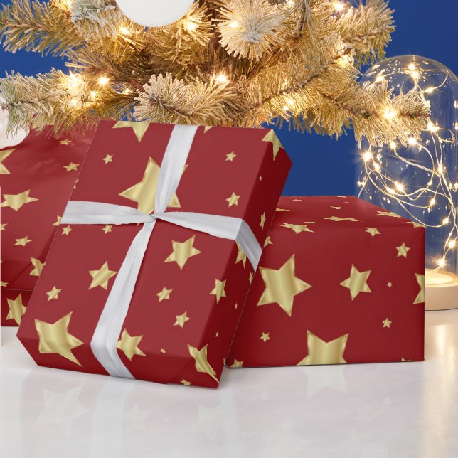 Papier Cadeau Les étoiles d'or sur l'Arrière - plan rouge (Vacances)