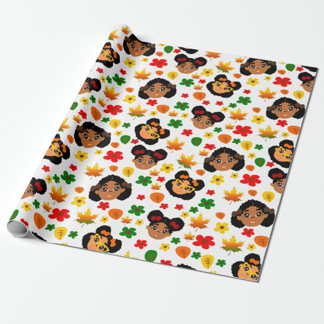 Papier Cadeau Les Filles Afro Automne Thankgiving Papier (Déroulé)