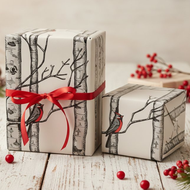 Papier Cadeau Les grands bouleaux ivoiriens et les oiseaux cardi (Festive Ivory Winter Christmas Red Cardinal Wrapping Paper. Elegant Birch Forest Trees Birds Pattern)