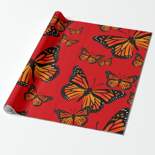 Papier Cadeau Les papillons Monarques en rouge (Déroulé)