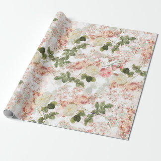 Papier Cadeau Les Roses de Blush Antique Redouté sur un motif bl