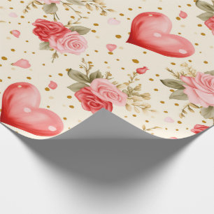 Papier Cadeau Les roses et les coeurs roses et rouges de Valenti
