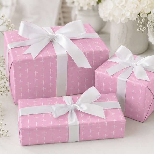 Papier Cadeau Les Trois Clous, Croix Chrétienne Rose et Blanche (Créateur téléchargé)