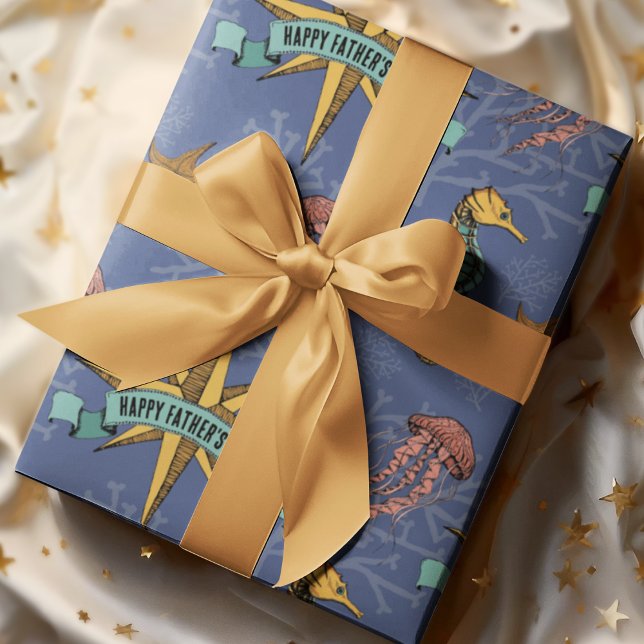 Papier Cadeau L'étoile nautique sous l'océan marin Animaux (Cool Nautical Hand-drawn Illustration in Black Ink with Beautiful Ocean Life Scene. Custom Text!)