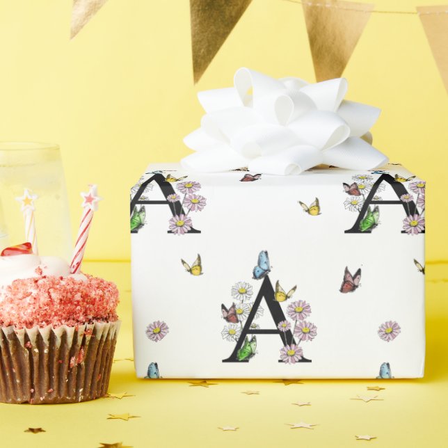 Papier Cadeau Lettre A Floral Aquarelle Papillon Monogramme (Fête d'anniversaire)