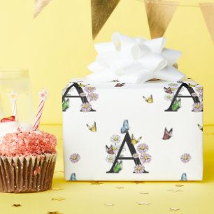 Papier Cadeau Lettre A Papillon Monogramme Floral Aquarelle    
