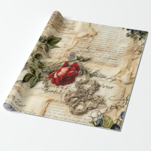 Papier Cadeau Lettre d'amour sur parchemin vintage avec fleurs