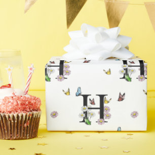 Papier Cadeau Lettre H Floral Aquarelle Papillon monogramme