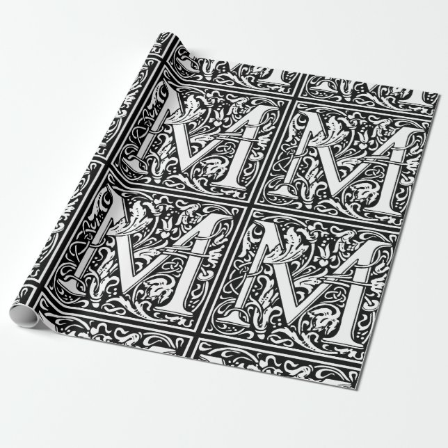 Papier Cadeau Lettre M Monogramme médiéval Art Nouveau (Déroulé)