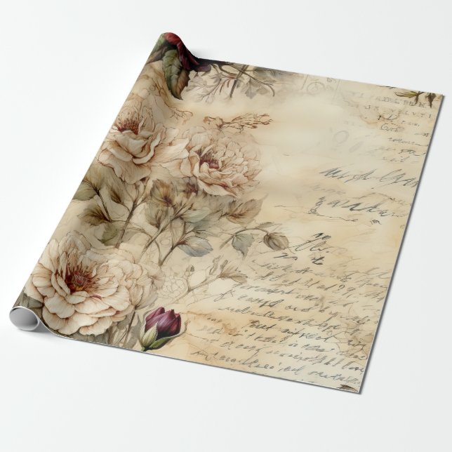 Papier Cadeau Lettre vintage d'amour parchemin avec fleurs (7) (Déroulé)