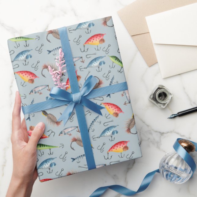 Papier Cadeau leurres de pêche sur le gris bleu clair (Cadeaux)