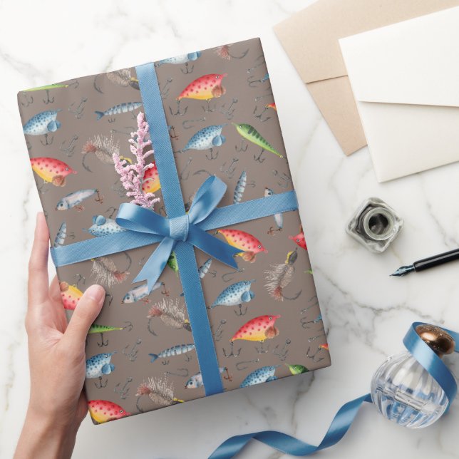 Papier Cadeau leurres de pêche sur le gris Brown (Cadeaux)