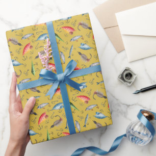Papier Cadeau leurres de pêche sur moutarde jaune