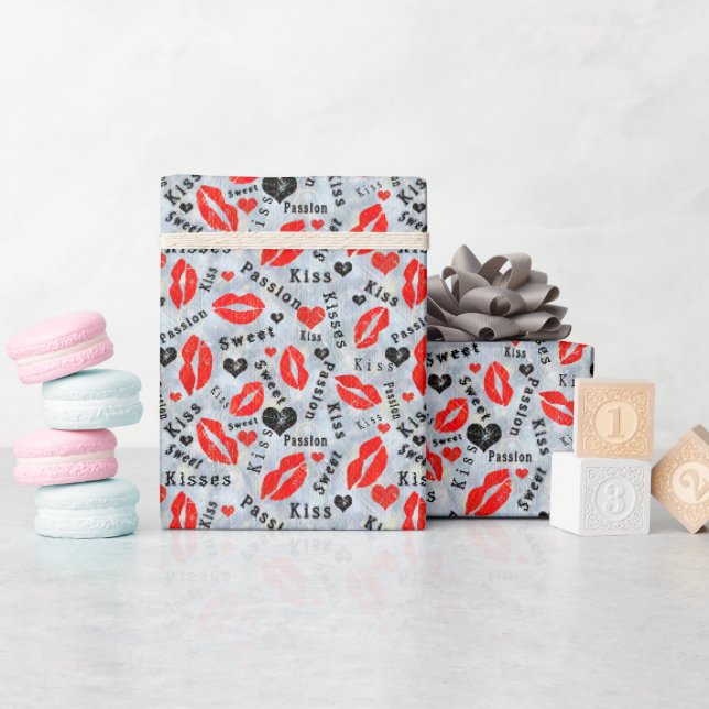 Papier Cadeau Lèvres, empreintes de rouge à lèvres, baiser. (Baby Shower)