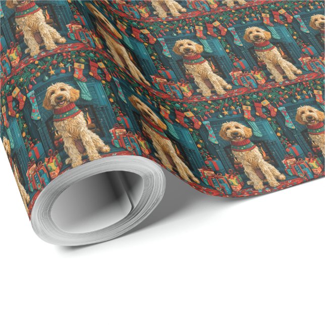Papier Cadeau Lévrier Afghan avec des cadeaux de Noël Cheminée (Coin rond)