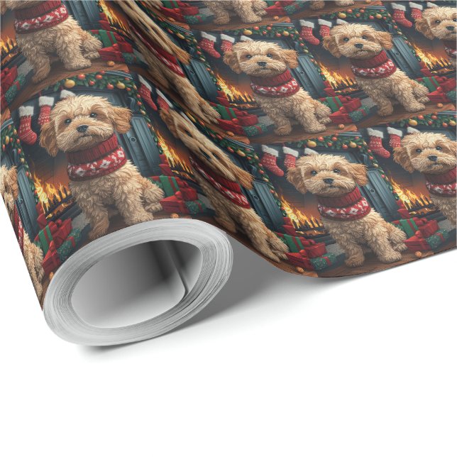 Papier Cadeau Lhasa Apso Chien avec des cadeaux de Noël Cheminée (Coin rond)