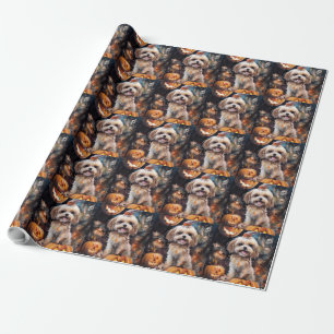 Papier Cadeau Lhasa Apso Halloween avec citrouilles effrayant