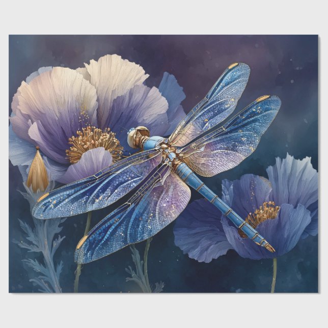 Papier Cadeau Libellule bleue avec découpage à ailes dorées (Plat)