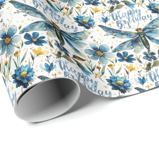 Papier Cadeau Libellule Bleue Joyeux Anniversaire (Coin rond)