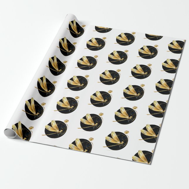 Papier Cadeau libellule d'or en cercle noir (Déroulé)