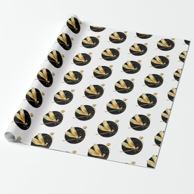 Papier Cadeau libellule d'or en cercle noir (Déroulé)
