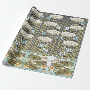 Papier Cadeau Libellule et Lys Vintage Vert Sauge Art