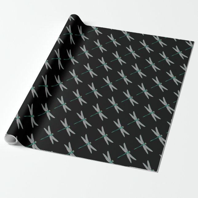 Papier Cadeau Libellule noire et turquoise (Déroulé)