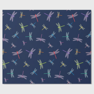 Papier Cadeau Libellules arc-en-ciel sur fond bleu de minuit