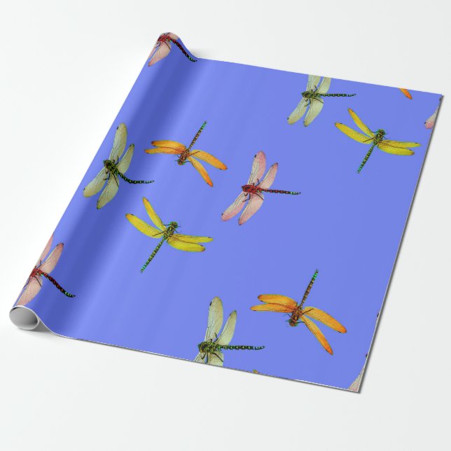PAPIER CADEAU LIBELLULES COLORÉES SUR LE BLEU (Déroulé)