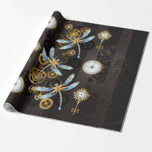 Papier Cadeau Libellules Steampunk sur fond rayé marron
