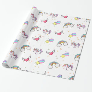 Papier Cadeau Licorne Arc-en-Ciel Étoilé Magique Mignon Blanc