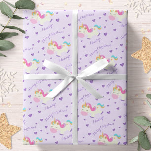 Papier Cadeau Licorne Arc-en-Ciel Violet Noël Personnalisé