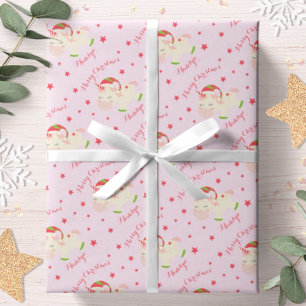 Papier Cadeau Licorne de Noël rose personnalisée pour les fêtes