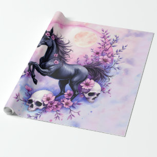 Papier Cadeau Licorne éclairée par la lune parmi les roses oubli