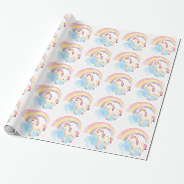 Papier Cadeau Licorne en pastel sur le nuage, papier d'emballage (Déroulé)