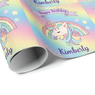 Papier Cadeau Licorne et arc-en-ciel scintillant avec paillettes