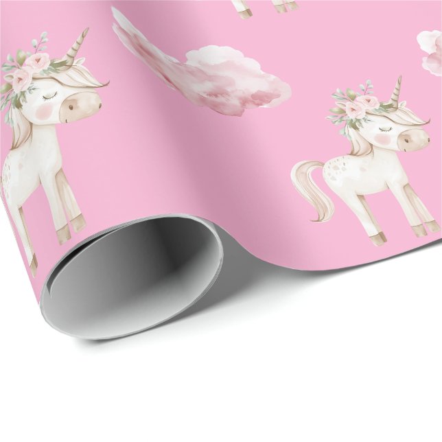 Papier Cadeau Licorne Fleur Rose Nuage Anniversaire (Coin rond)