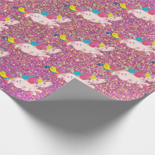Papier Cadeau Licorne Kawaii Arc-en-ciel Or Violet Rose Paillett