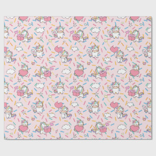 Papier Cadeau Licorne Kawaii et motif de cœurs sur rose