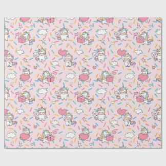 Papier Cadeau Licorne Kawaii et motif de cœurs sur rose